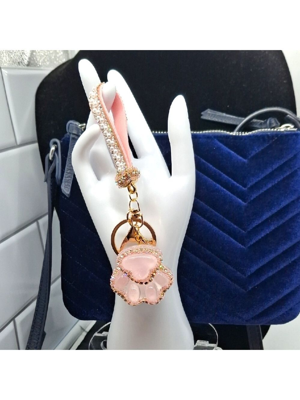 Pink and Gold Cat Kitty Paw Rhinestone Embellished Bag Charm Keychain